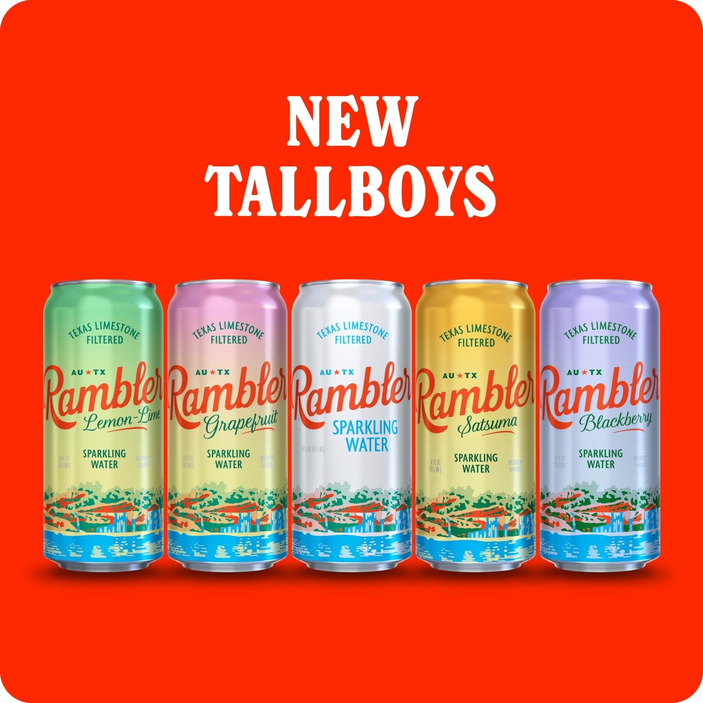 AUTX RAMBLER Original Sparkling Water, 16oz Tallboy Cans, 12-Pack, Texas Limestone Filtered Sparkling Water
