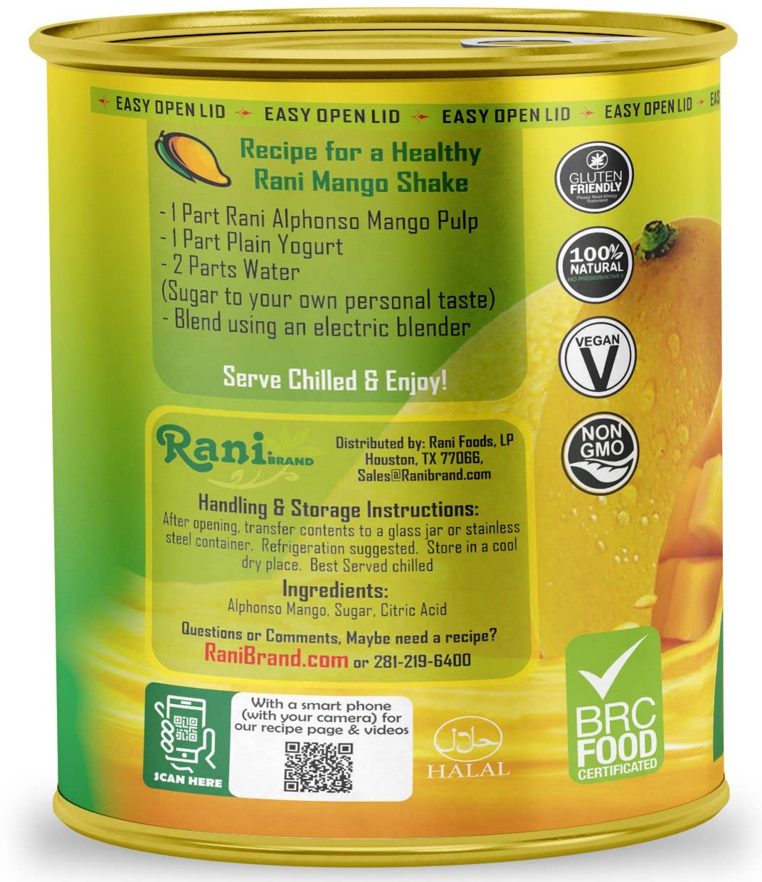 Rani Mango Pulp Puree (Makes Mango Lassi Shakes) Alphonso Sweetened 30Oz (1.875Lbs) 850G Pack Of 2 ~ Kosher | All Natural | Non-Gmo | Vegan | No Colors | Gluten Friendly | Indian Origin