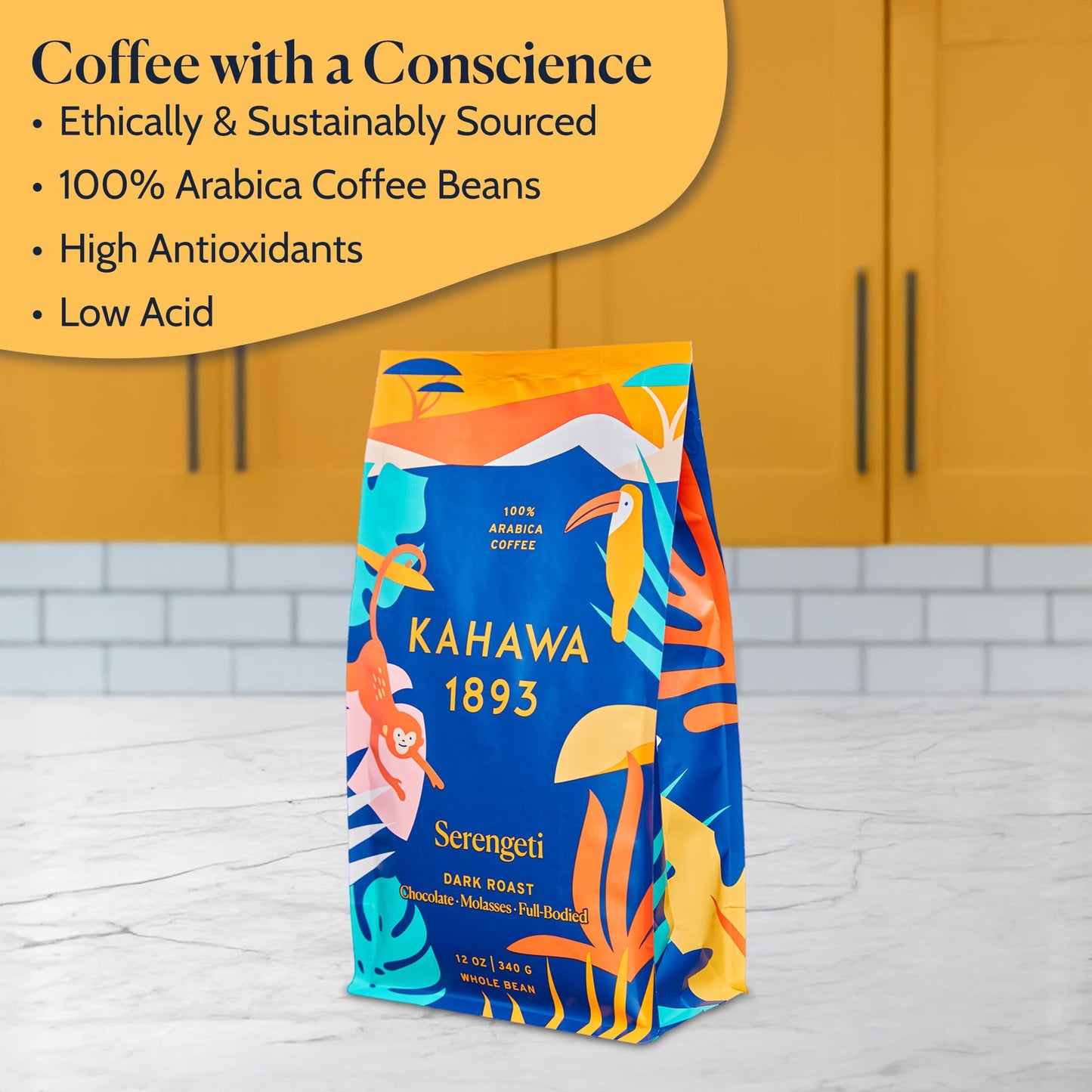 KAHAWA 1893 Whole Bean Dark Roast Coffee Serengeti Blend, Low Acid, 24 Oz, Organic, Ethically Sourced
