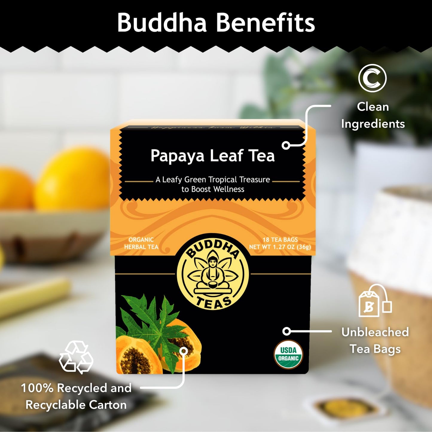 Buddha Teas Organic Papaya Leaf Tea - Ou Kosher, Usda Organic, Ccof Organic, 18 Bleach-Free Tea Bags