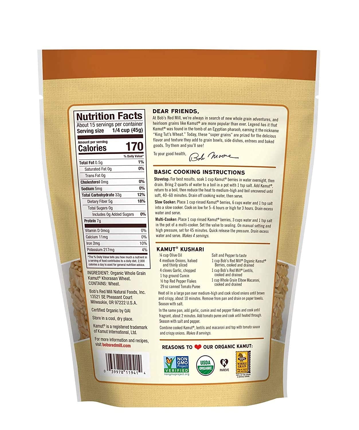 Bob'S Red Mill Organic Kamut Khorasan Berries, 24 Ounce (Pack Of 2)