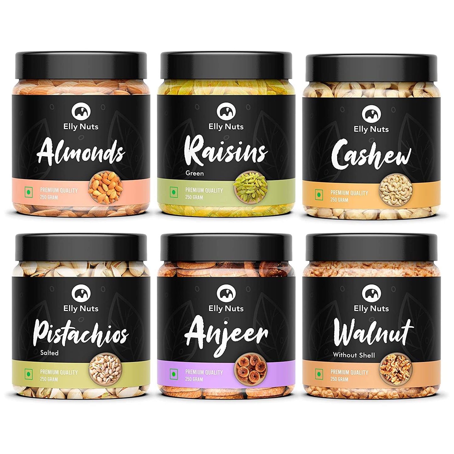 Elly Nuts Dry Fruits Combo Pack 250 gms Each Total Weight 1.5 Kg- (California Almonds, Green Raisins, Cashew Nuts, Pistachios, A