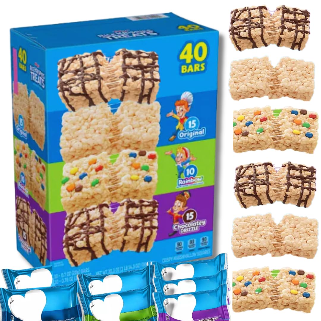 Marshmallow Rice Crispy Treats Variety Pack- 40Ct Individually Wrapped Snack Chocolate Bars For Lunch Boxes Office & Parties -Classic Crispies Rice Treat Squares Bulk Value Pack For Kids & 18+ Uses