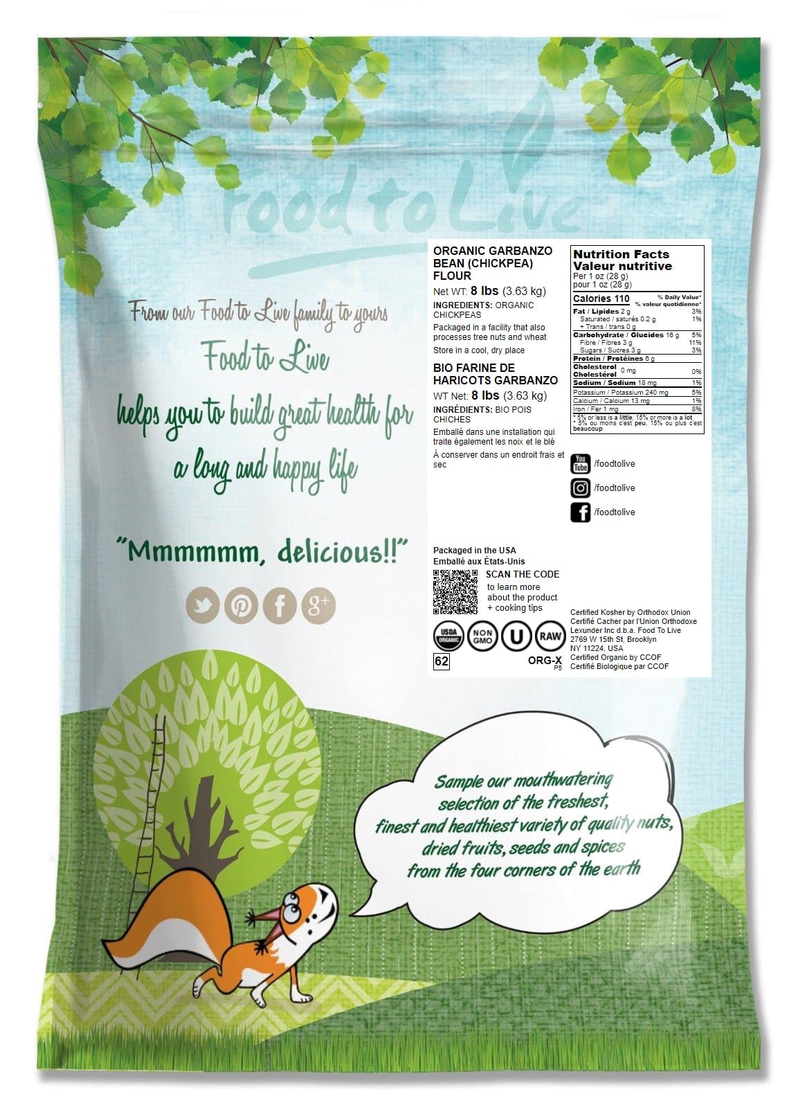 Food To Live Organic Garbanzo Bean Flour, 8 Pounds - Non-Gmo Chickpea Flour, Stone Ground, Kosher, Vegan, Bulk, High In Protein