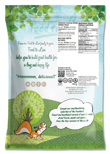 Food To Live Organic Green Peas, 10 Pounds Sproutable, Non-Gmo, Kosher, Dried