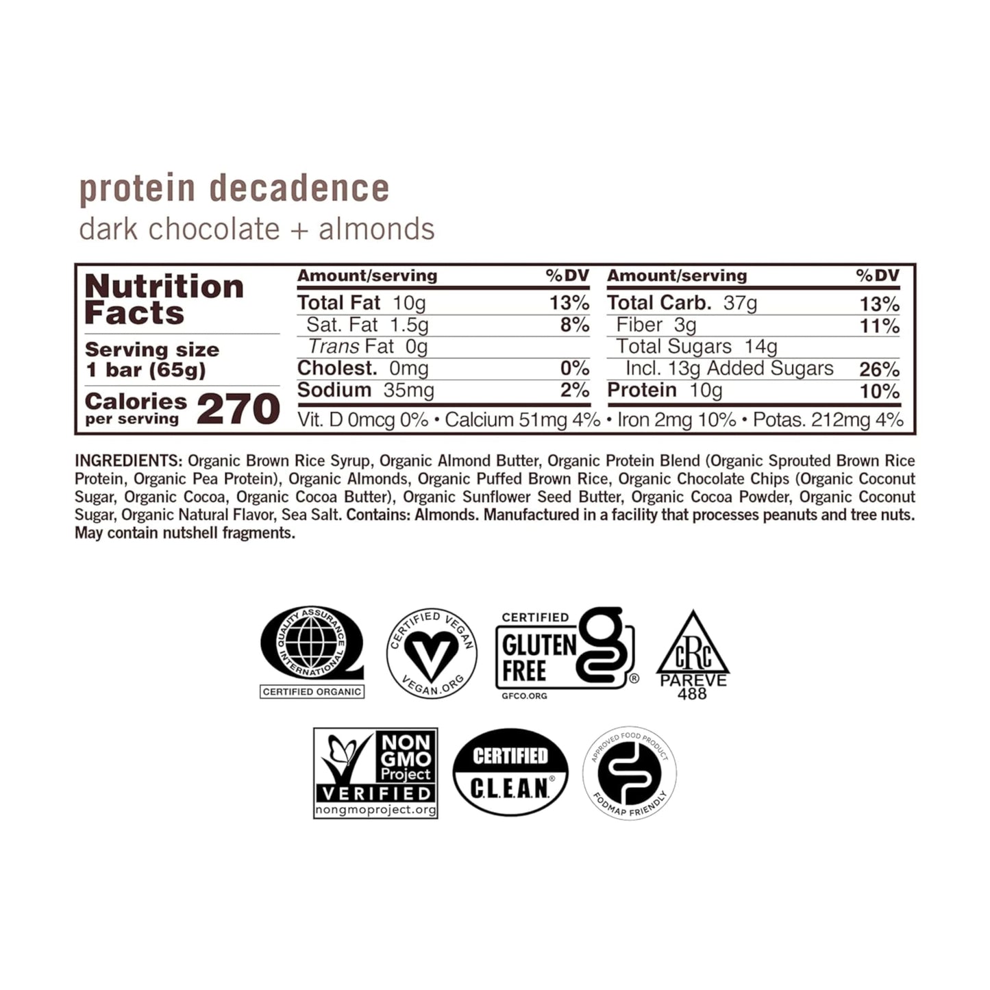 Gomacro Macrobar Organic Vegan Protein Bars - Dark Chocolate + Almonds (2.3 Ounce Bars, 12 Count)