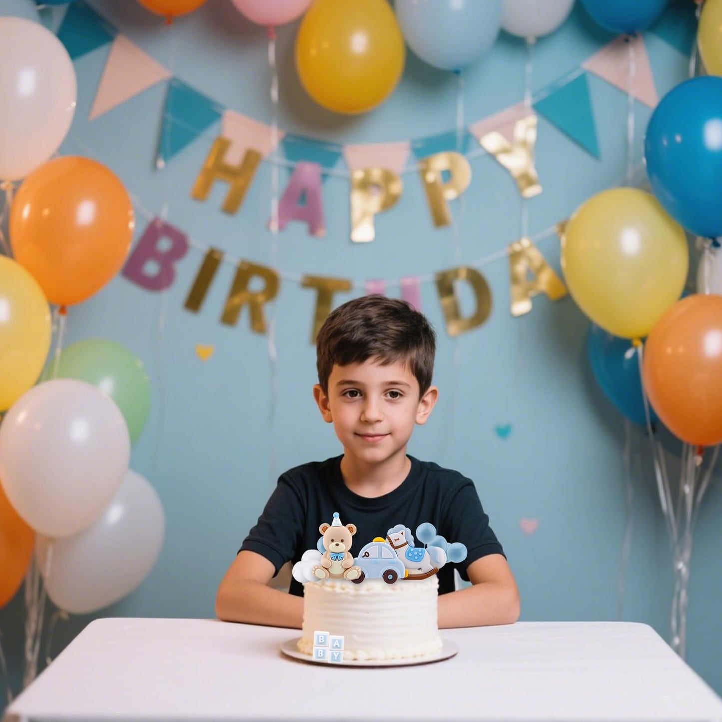 BOXOB Blue Bear Cake Decoration Set with Bear Rocking Horse and Balloons for Baby Shower and Birthday, As Shown in the Picture, Model G31007