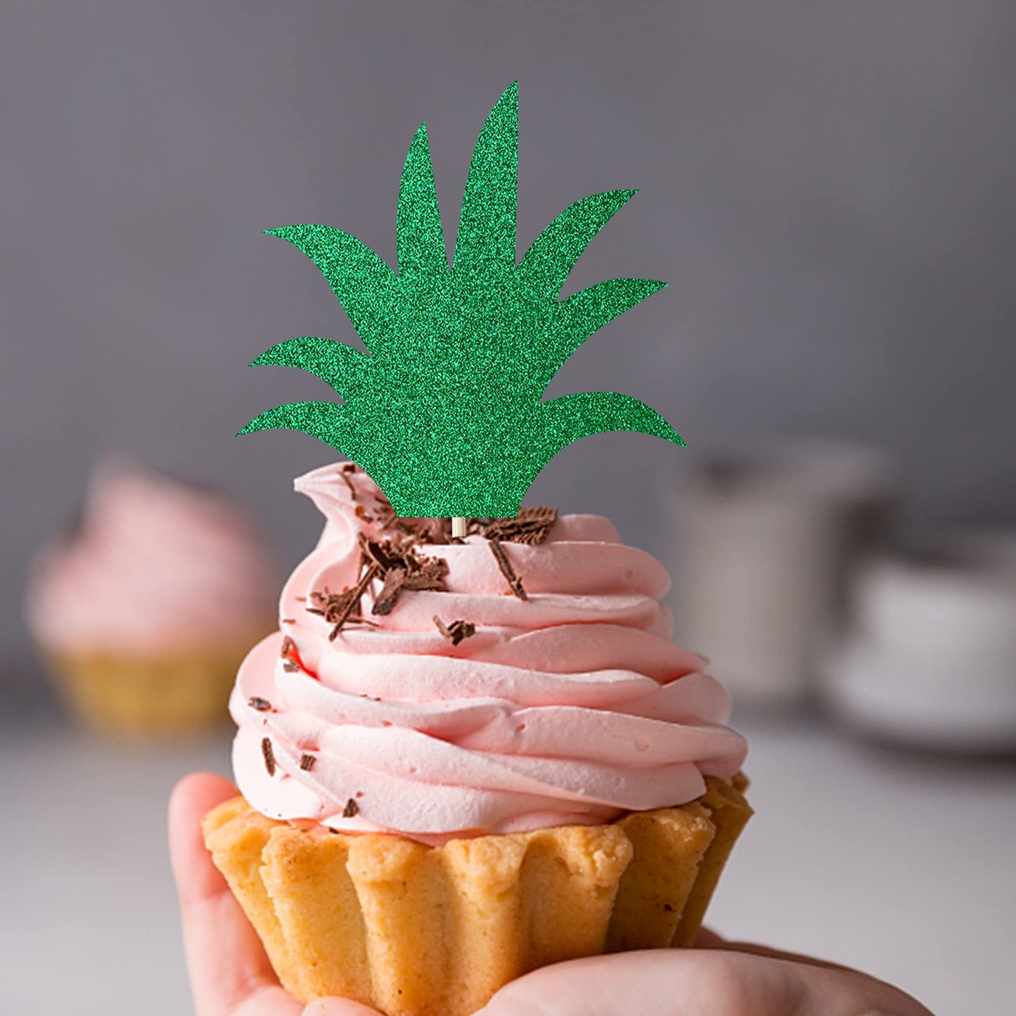 Rssta i Pineapple Leaf Cupcake Toppers, Green Glitter, 2.1x4.8 inches, Model XM094, Tropical Theme Party Supplies
