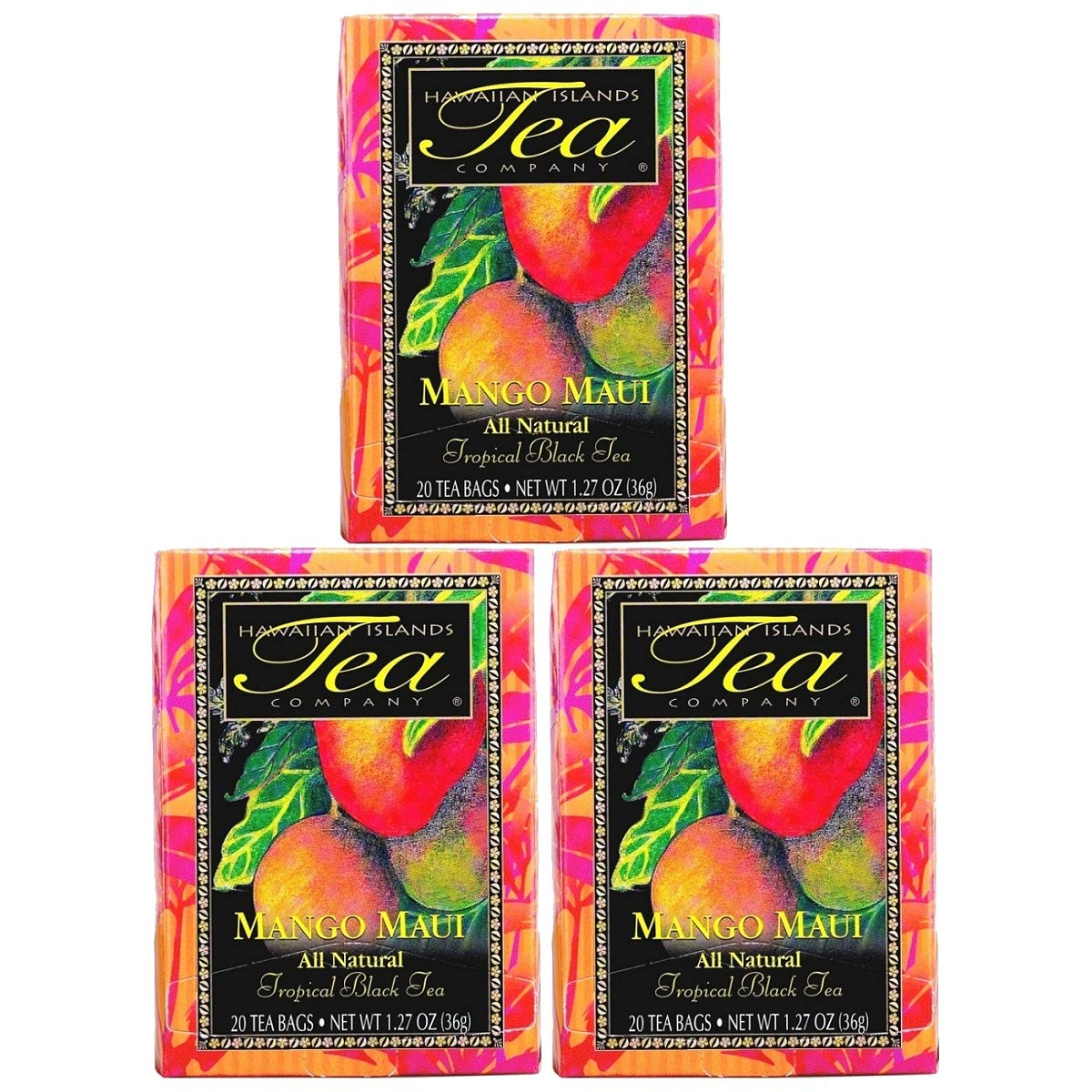 Hawaiian Islands Tea Company Mango Maui Black Tea, All Natural - 60 Teabags (3 Boxes)