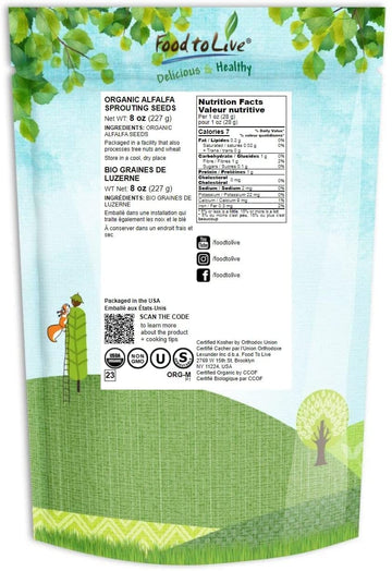 Food to Live Organic Alfalfa Seeds for Sprouting, Non-GMO, Vegan, 8 Ounces