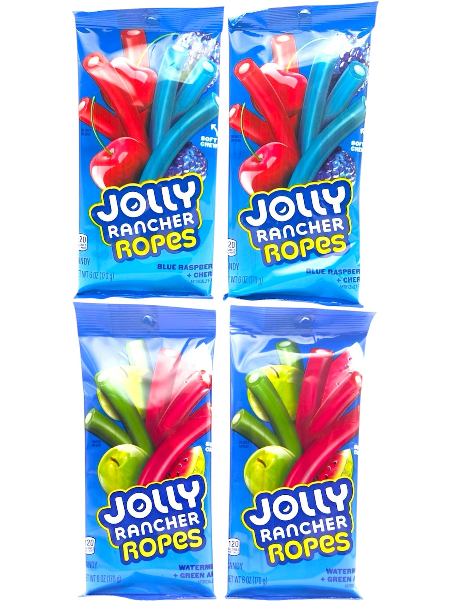 Assorted Fruity Candy Ropes - 2 Watermelon/Green Apple 2 Blue Raspberry Cherry - Soft Chewy Candy Snacks 4 Pack - Large Shareable Movie Size 6 Oz Bags.
