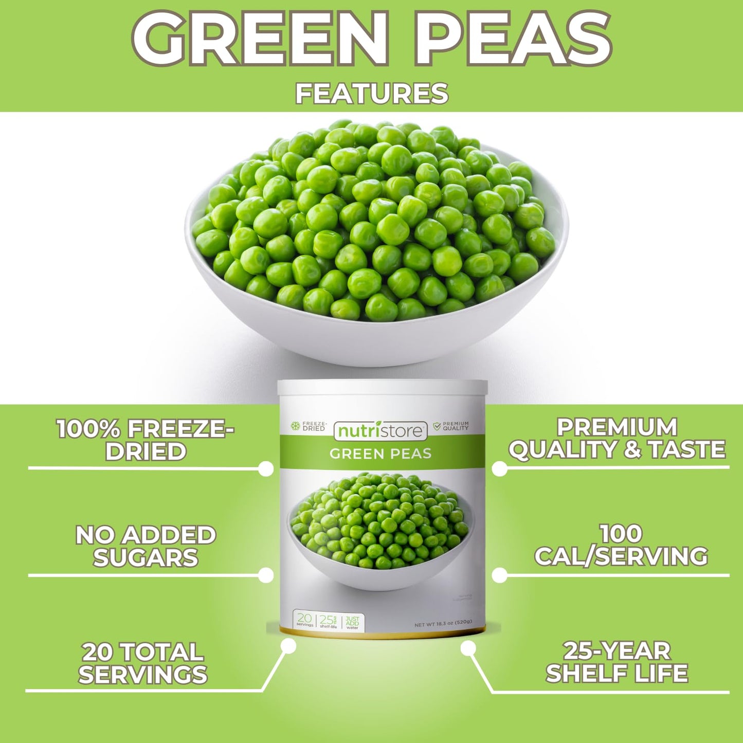 Nutristore Freeze Dried Green Peas | Vegetables For Healthy Snack Or Long Term Storage | Emergency Survival Canned Food Supply |