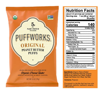 Puffworks Original Organic Peanut Butter Puffs, Plant-Based Protein Snack, Gluten- And Rice-Free, Vegan, Kosher, 3.5 Ounce (Pack