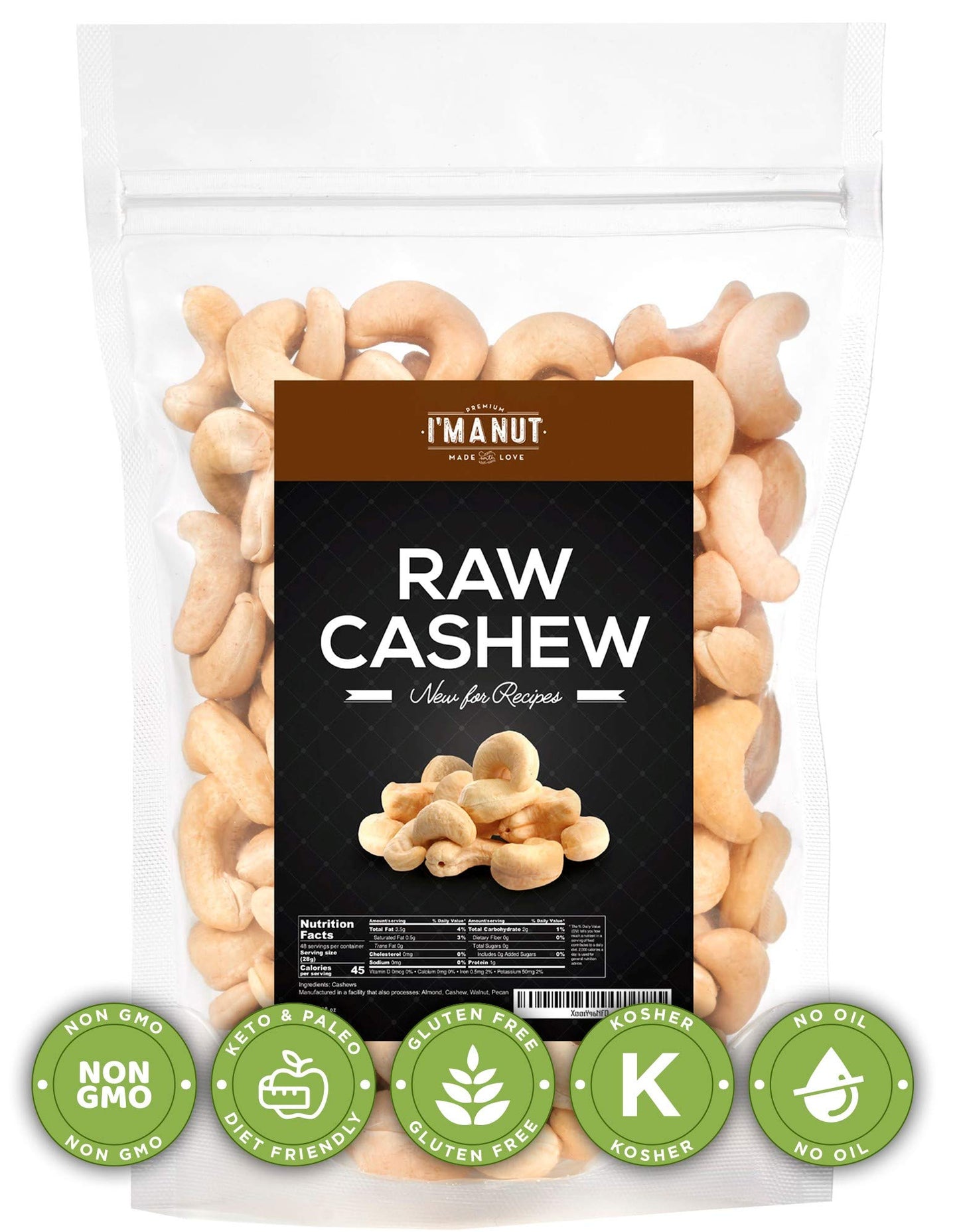 Raw Whole Unsalted Cashews 48Oz (3 Lb) 100% Natural | No Chemicals | Batch Tested Gluten & Peanut Free | Non-Gmo | Keto And Pale