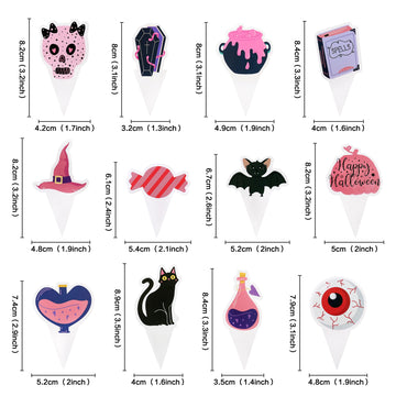 Ercadio 24 Pack Pink Halloween Cupcake Toppers Halloween Witch Hat Cat Skull Bat Cupcake Picks Pink Ghost Halloween Cupcake Topp