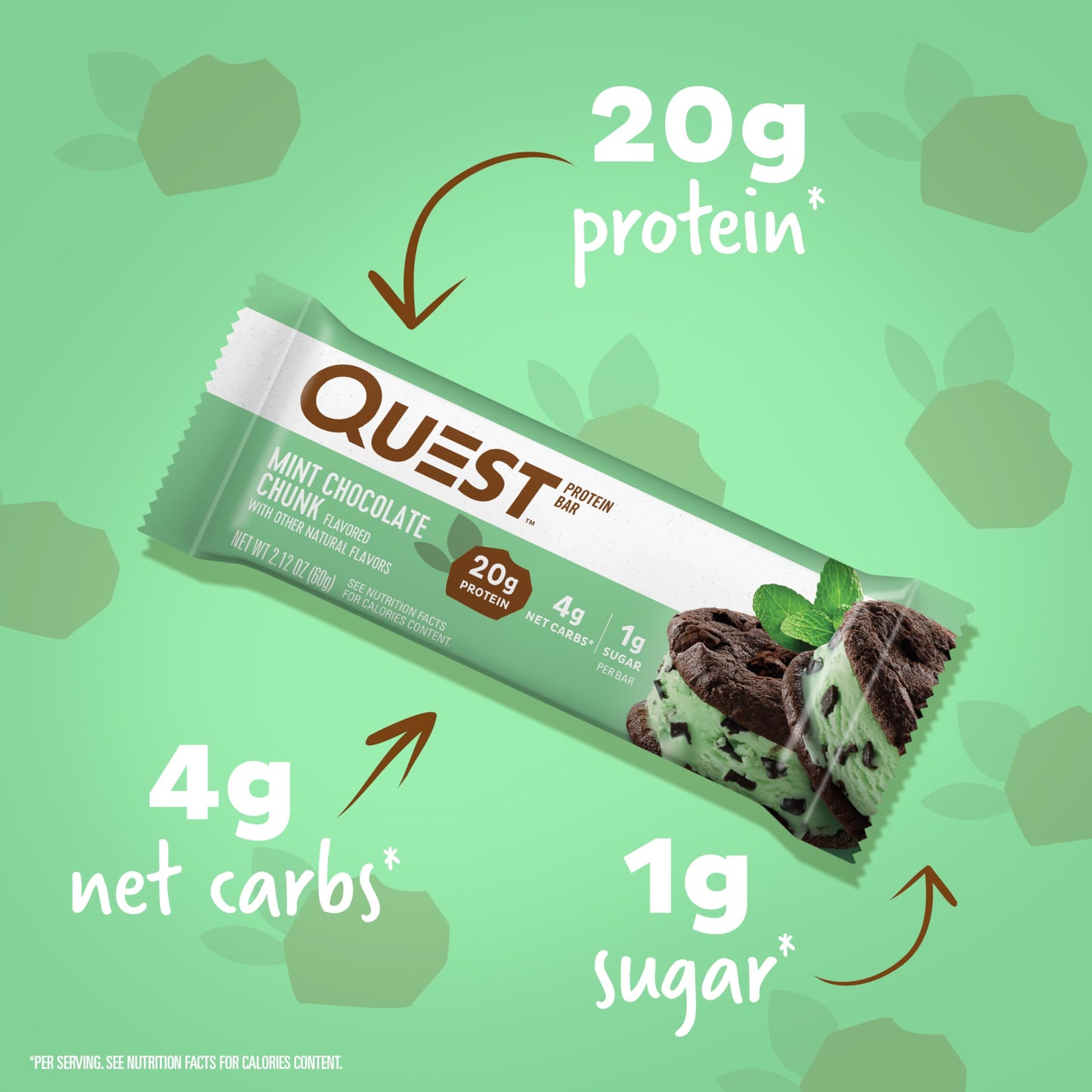 Quest Nutrition Mint Chocolate Chunk Protein Bars, 20g Protein, 1g Sugar, 4g Net Carb, Gluten Free, Keto Friendly, 4 Count