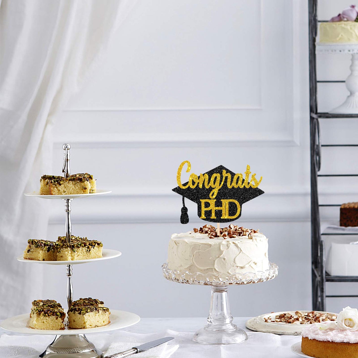 Innoru Glitter Congrats Phd Cake Topper - Congrats Grad - Phd Graduation Party Decorations Black Gold