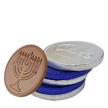 The Dreidel Company Hanukkah Chocolate Gelt - Blue & Silver Coins, Premium Belgian Milk Chocolate, Gluten Free, Kosher, 300 Mesh Bags