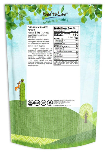 Food To Live Organic Cashew Flour, 3 Pounds - Non-Gmo, Finely Ground Nuts, Raw Powder, Natural, Paleo, Kosher, High In Protein,