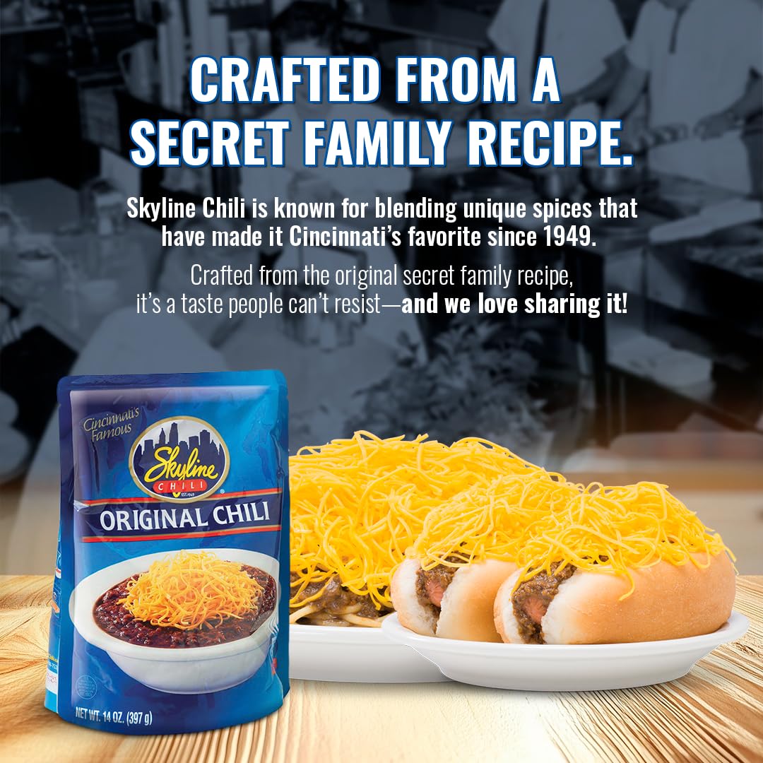 Skyline Chili Original Cincinnati-Style Chili - Authentic Recipe In Microwavable Pouches - Ideal For Cheese Coneys, Hot Dogs, &