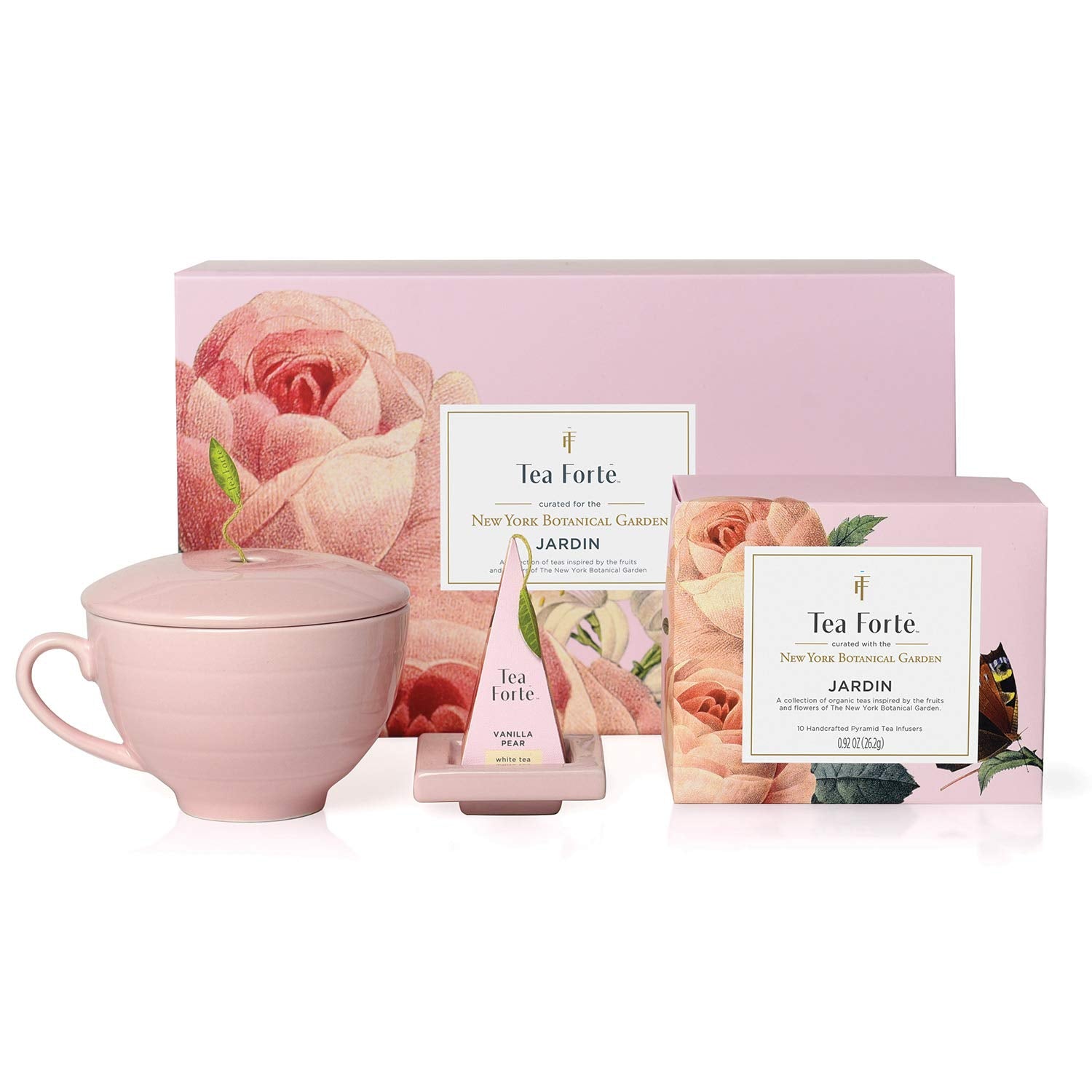 Tea Forte Jardin 3-Piece Tea Gift Set With Pink Cafe Cup With Lid, Tea Tray And 10 Assorted 2 Of Each Variety Organic Handcrafted Pyramid Infuser Tea Bags