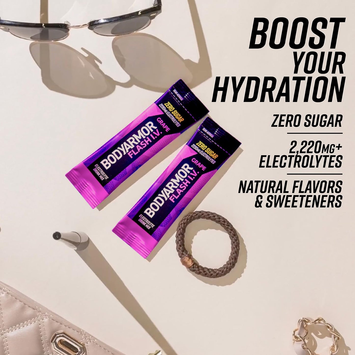 BODYARMOR Flash IV Electrolyte Packets, Grape - Zero Sugar Drink Mix, Single Serve Packs, Coconut Water Powder, Hydration for Wo