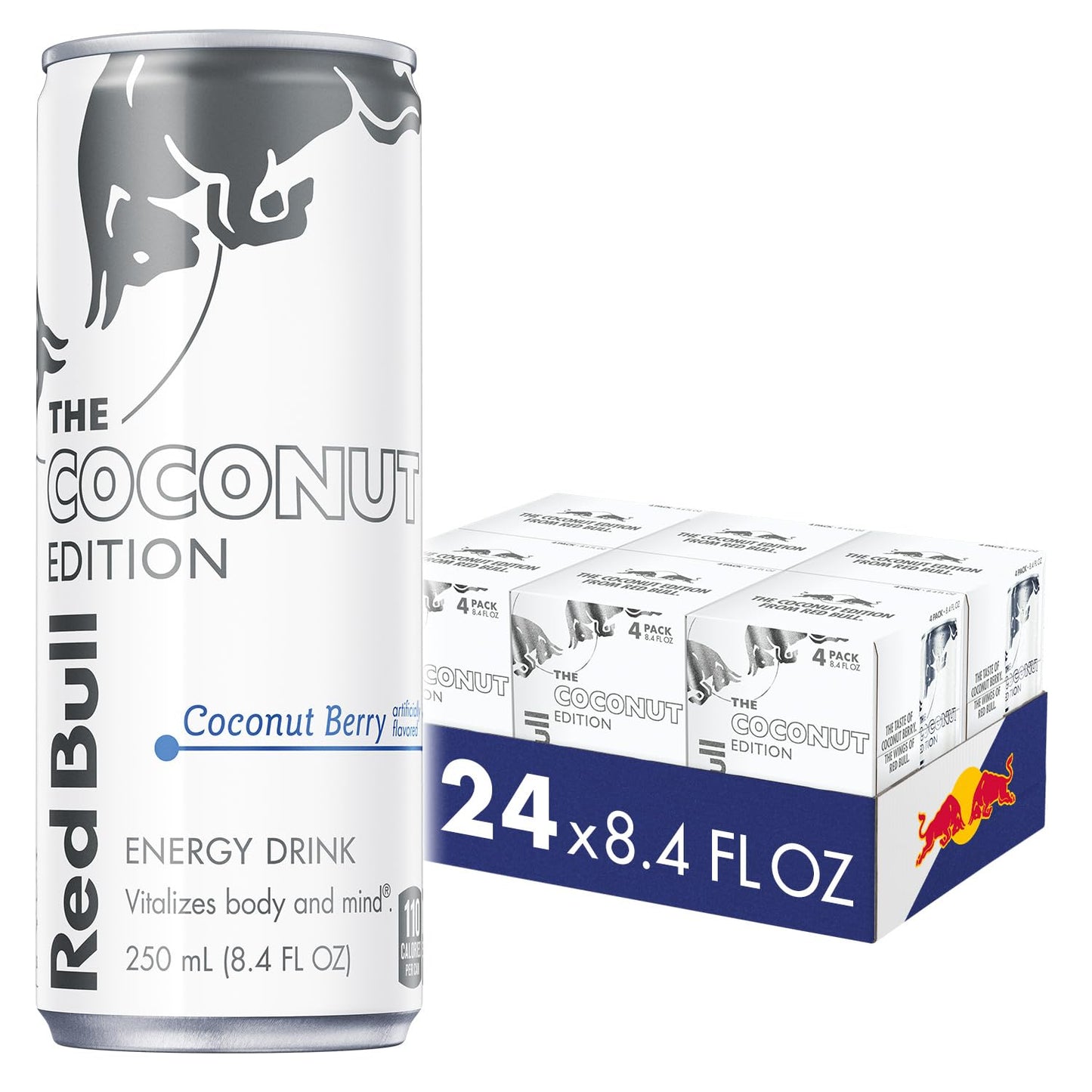 Red Bull Coconut Edition Energy Drink, Coconut Berry, 80mg Caffeine, 8.4 Fl Oz, Pack of 24 (6 x 4 Cans)