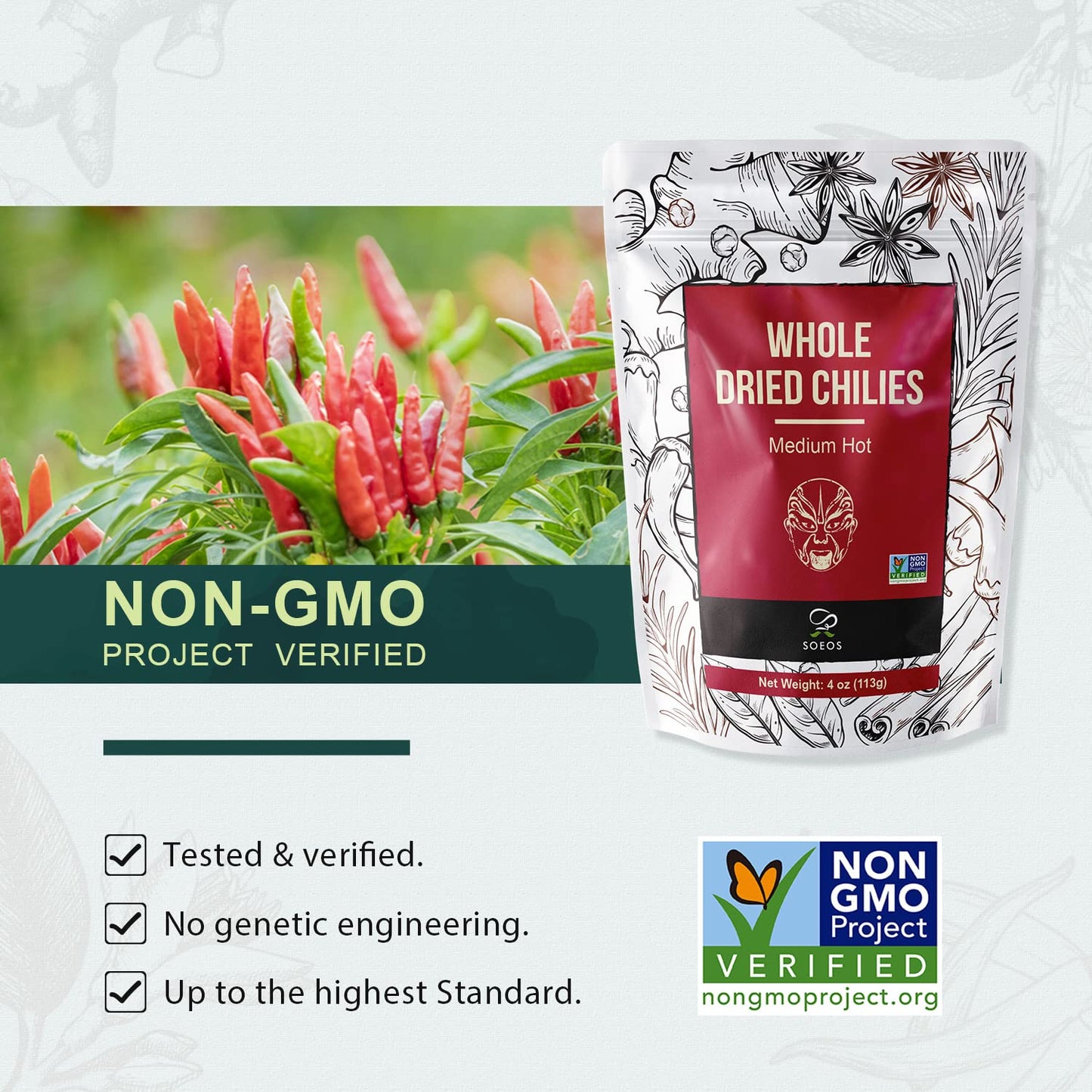 Soeos Whole Dried Chili Peppers, Medium Spicy, 4oz, Great for Mexican Recipes