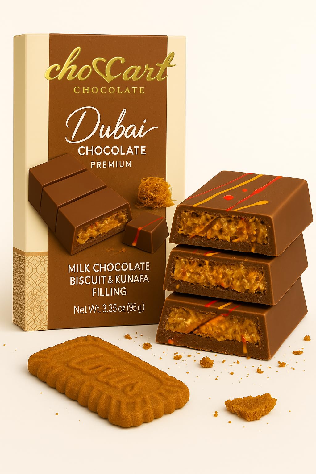 Dubai Milk Chocolate Bar With Lotus Biscoff Biscuit & Kunafa Filling - Top-Grade Middle Eastern Dessert Inspired Candy - Gourmet Chocolate Gift 3.5 Oz
