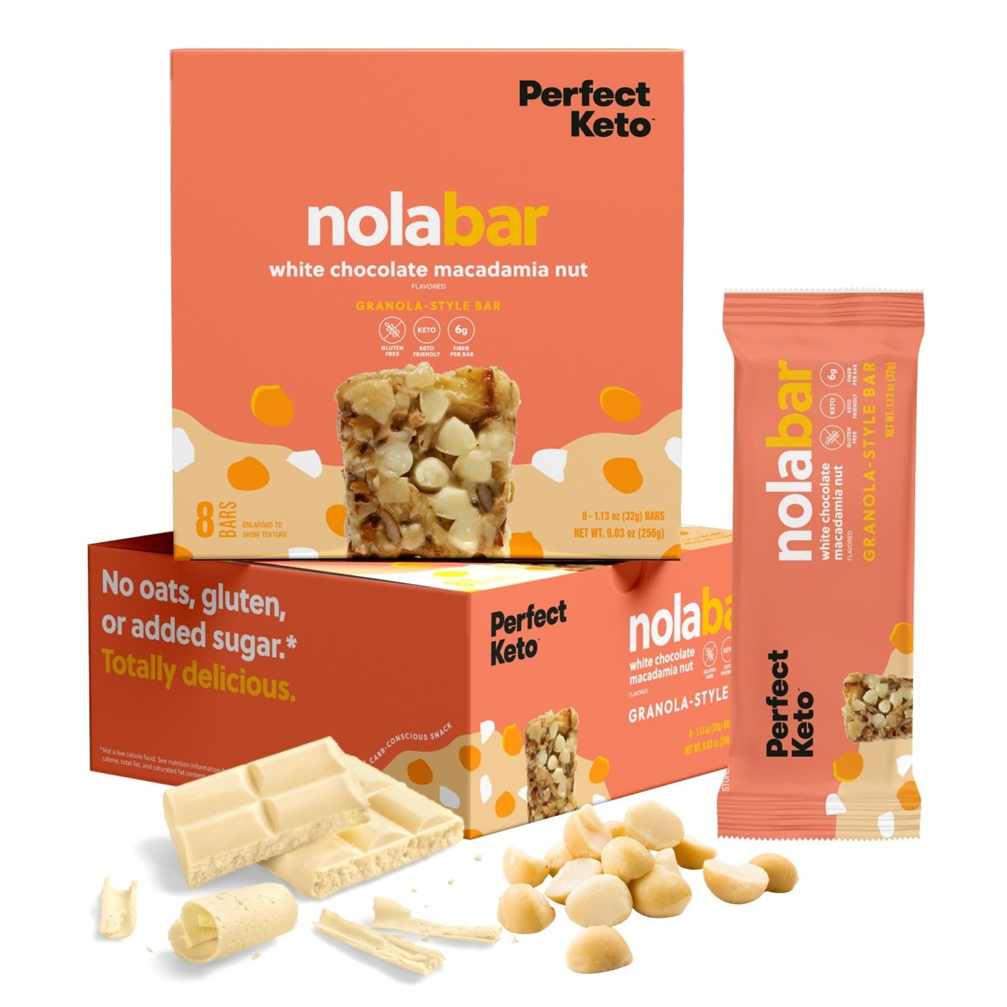 Perfect Keto Nola Bars, Gluten Free, Keto Granola Bars, Low Carb Snack Or Breakfast Bar With No Sugar Added, Keto Diet Food, Healthy Snacks For Adults, 2G Net Carb, White Chocolate Macadamia, 8 Pack