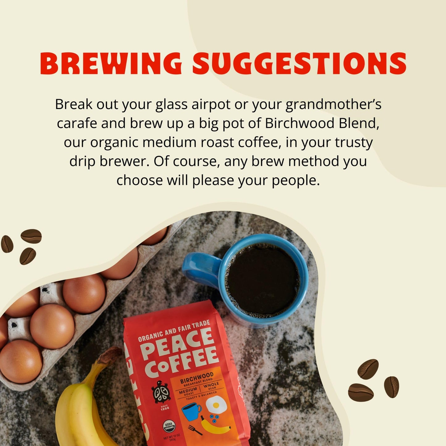 Peace Coffee Birchwood Breakfast Blend | 20 Oz Whole Bean Medium Roast | Organic Fair Trade | Smooth, Mild Flavor | Shade Grown, Fresh Roasted