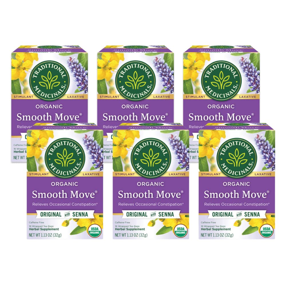 Traditional Medicinals Organic Smooth Move With Senna Herbal Tea, Relieves Occasional Constipation, (Pack Of 6) - 96 Tea Bags To