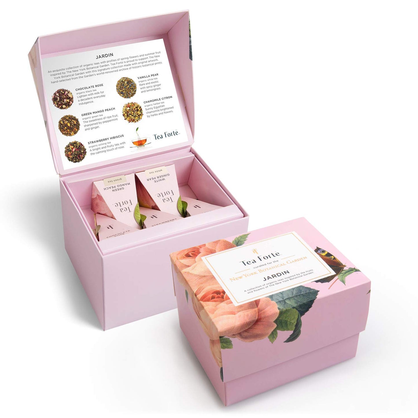 Tea Forte Jardin 3-Piece Tea Gift Set With Pink Cafe Cup With Lid, Tea Tray And 10 Assorted 2 Of Each Variety Organic Handcrafted Pyramid Infuser Tea Bags