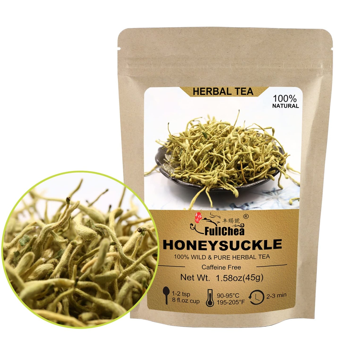 Fullchea - 100% Pure Natural Dried Honeysuckle - Jin Yin Hua Honeysuckle Tea - Premium Lonicera Japonica Flower Tea - Detox & Wellness Support - 1.58Oz/45G
