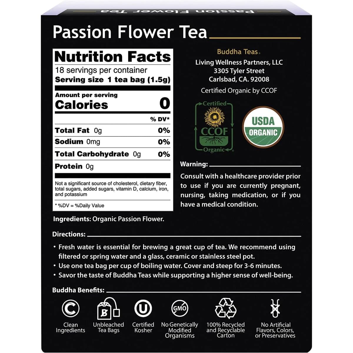Buddha Teas Organic Passion Flower Herbal Tea - Caffeine Free - 18 Count