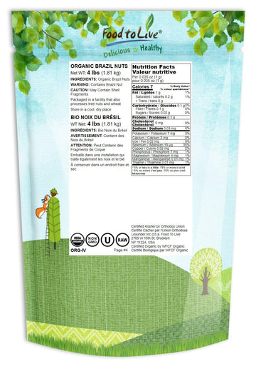 Food To Live - Organic Brazil Nuts, 4 Pounds Non-Gmo, Raw, Whole, No Shell, Unsalted, Kosher, Vegan, Keto, Paleo Friendly, Bulk,