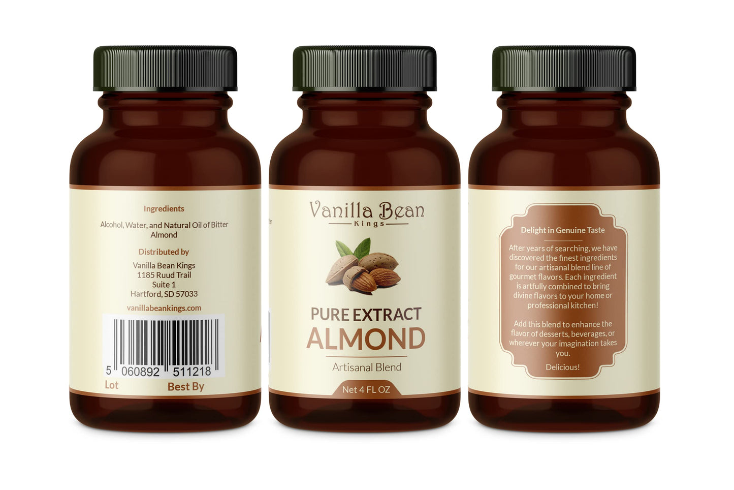 Vanilla Bean Kings Pure Almond Extract - Natural Flavor for Baking & Cooking - 4 fl oz