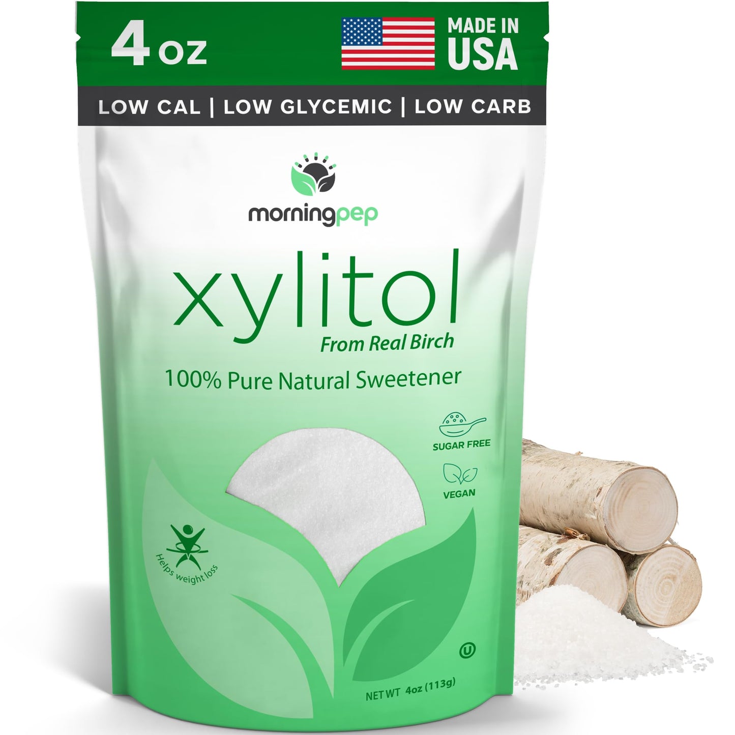Morning Pep Sample Size Pure Birch Xylitol (Keto Diet Friendly) Sweetener with no Aftertaste 4 OZ (Not from Corn) Non GMO Kosher