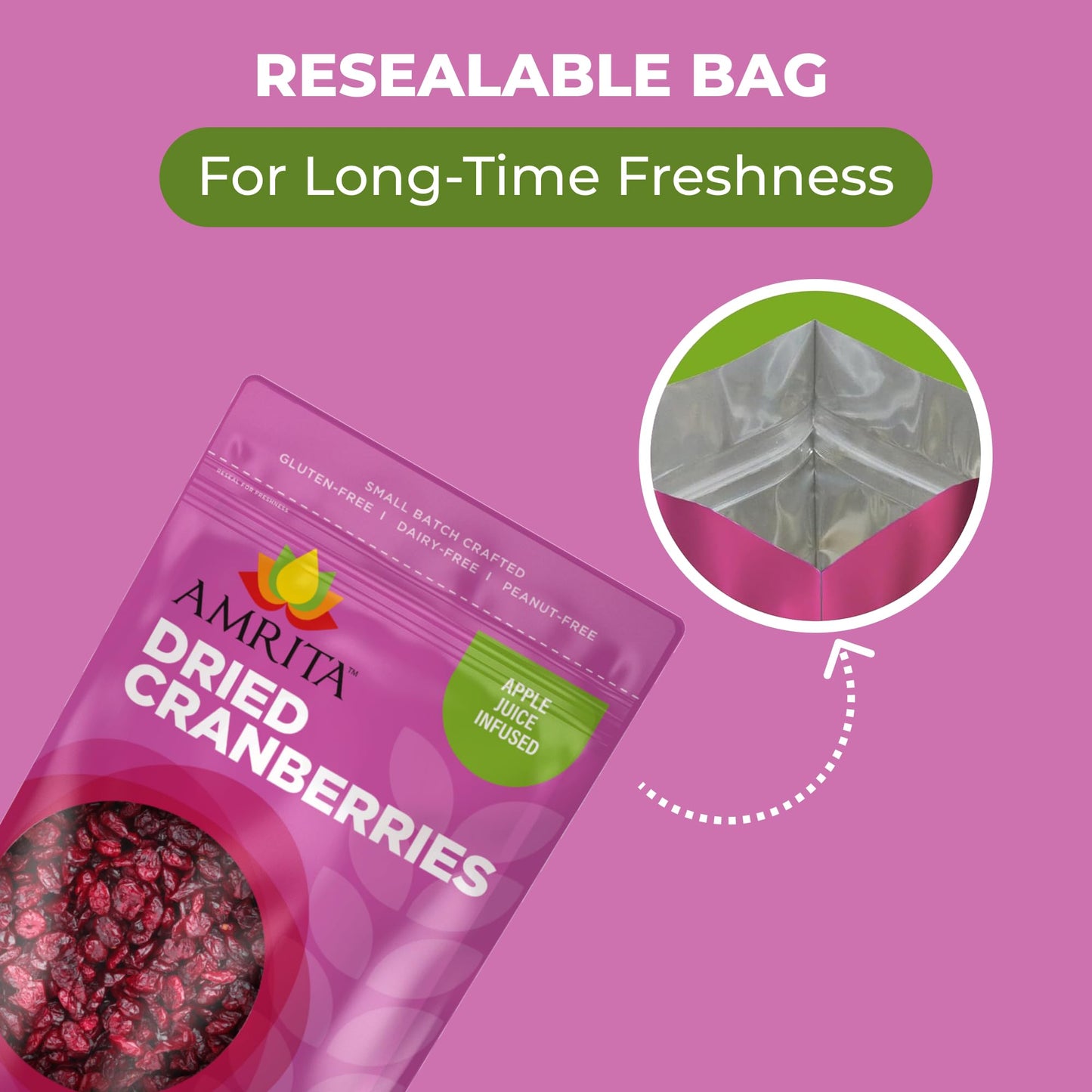 Amrita Dried Cranberries 2 Lb | Sweetened With Apple Juice, Unsulfured, Gluten Free, Non-Gmo, No Preservatives | Packed Fresh In Resealable Bags | Fruit Snacks, Salads, Baking