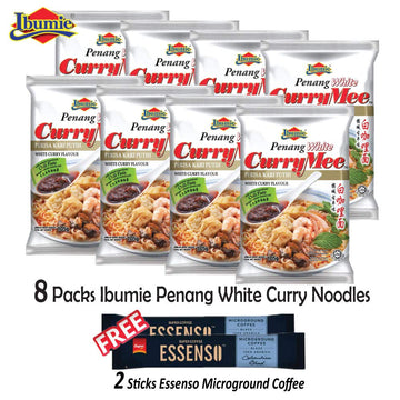 Ibumie Penang White curry Mee White curry Flavour Instant Soup Ramen Noodles 8 Packs x 105g + Free 2 sticks Essenso coffee.