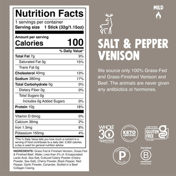 Chomps Venison Jerky Snack Sticks, Salt & Pepper, 10-Pack, 11.5 Ounce, Keto, Paleo, Low Carb, Gluten Free, Zero Sugar