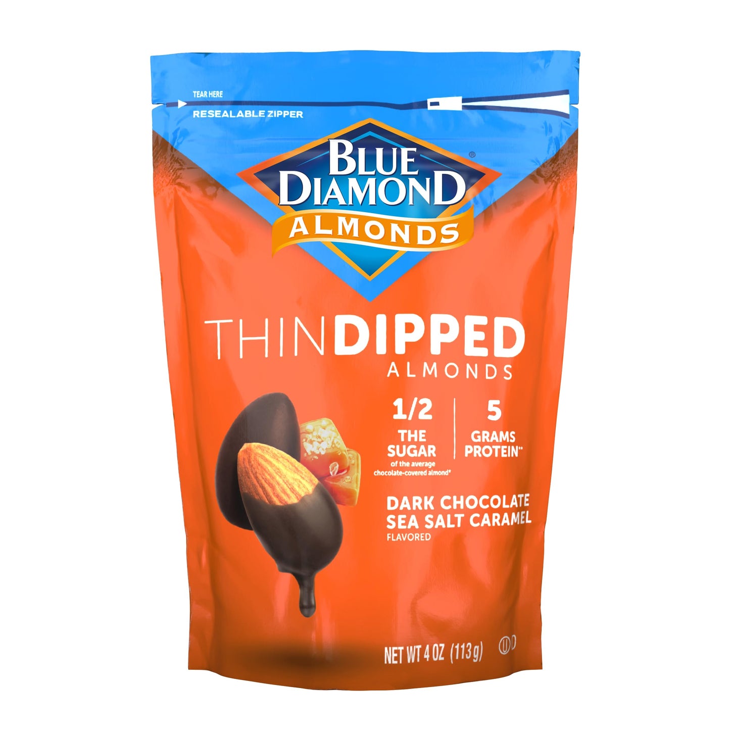 Blue Diamond Almonds, Dark Chocolate Sea Salt Caramel Covered Thin Dipped Snack Nuts for Guilt-Free Snacking with Half the Sugar