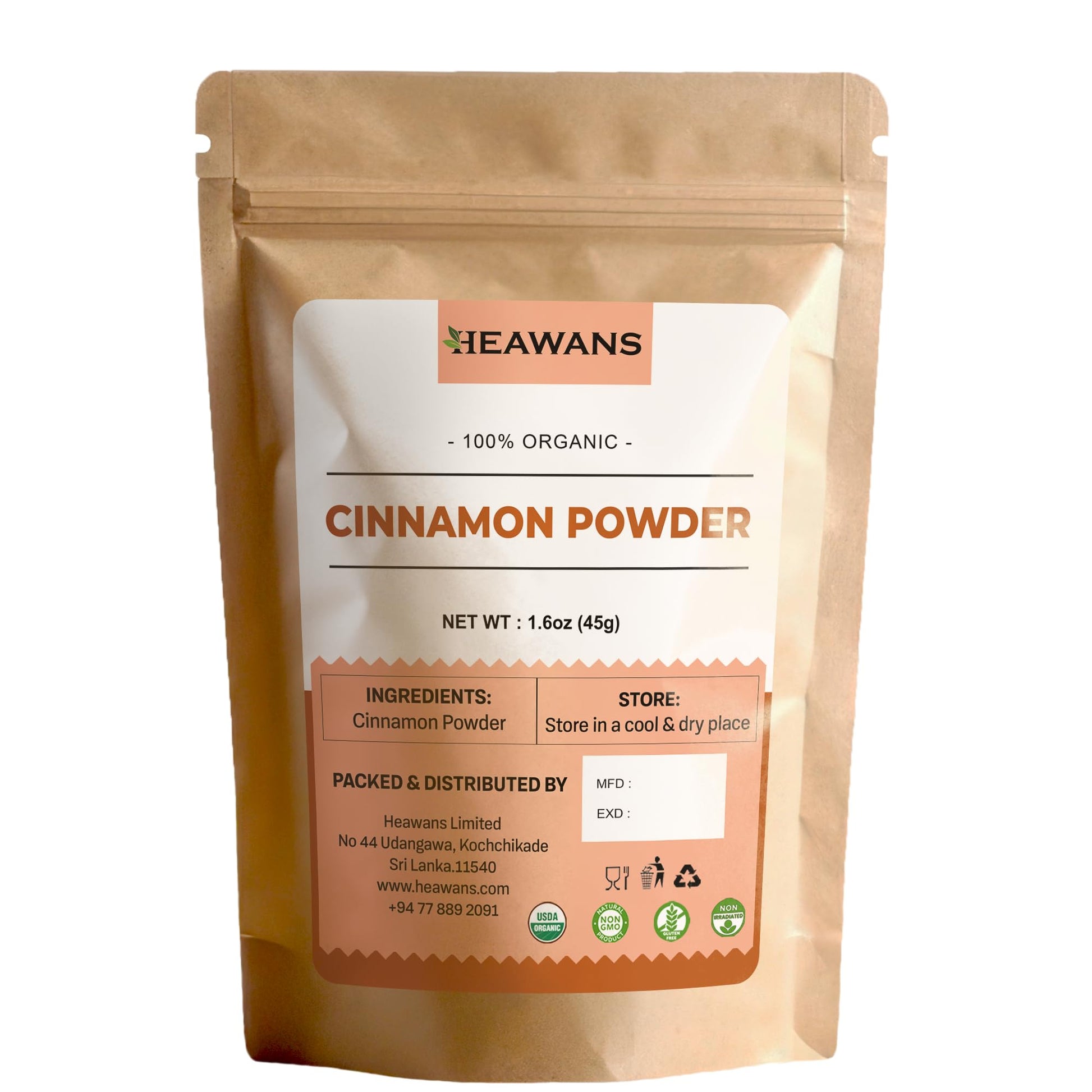 Organic Ceylon Cinnamon Ground Premium (Real or True Cinnamon) Grade Powder from a USDA certified farm in Sri Lanka. (1.6 oz)