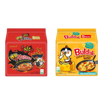Samyang Buldak Hot Spicy Chicken Ramen Noodle Korean Stir-Fried Ramen, 2X Spicy & Cheese Flavor, 4.94 Oz(140G), 5 Pack For Each Flavor
