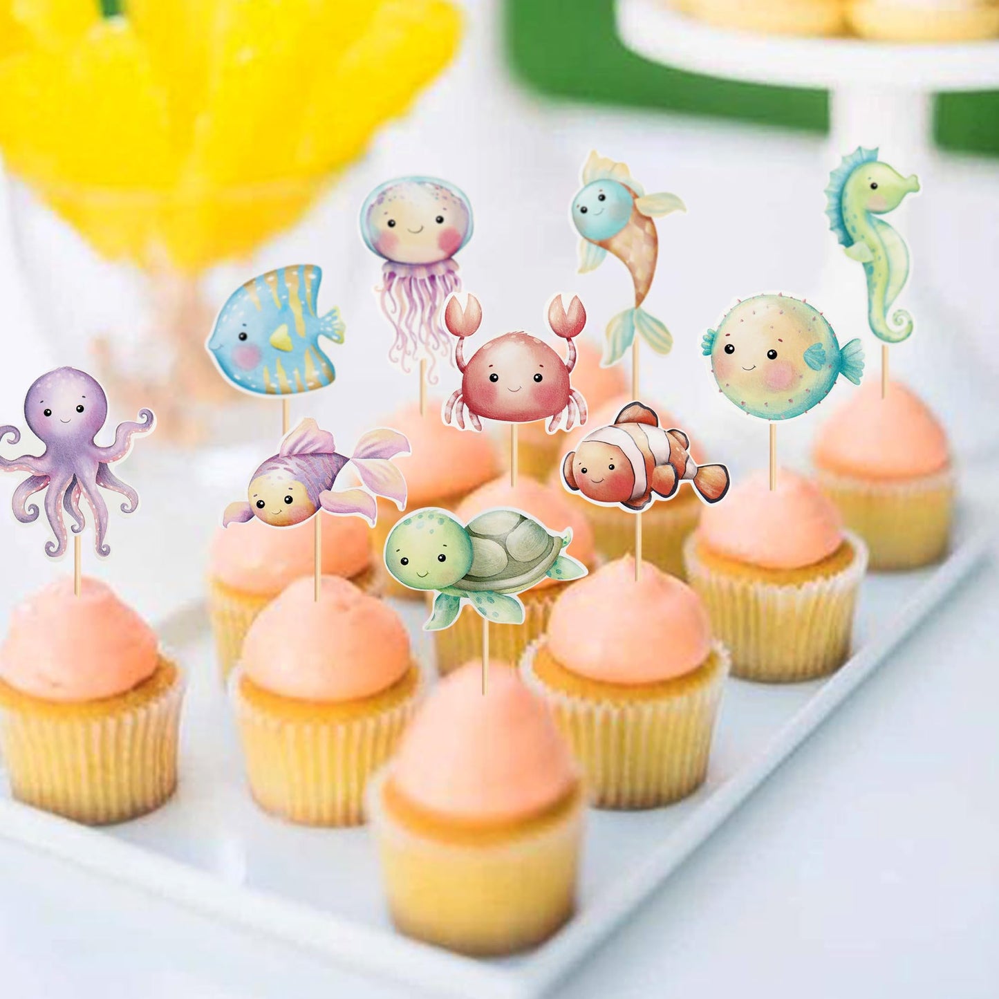 Ercadio 20Pcs Ocean Animal Cupcake Toppers Under The Sea Turtles Octopus Cupcake Picks Seahorse Coral Cake Decorations For Under