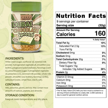 Dubai Spreadable White Chocolate - Pistachio Spread with Roasted Phyllo, Gourmet Breakfast Chocolate - 9.7 oz