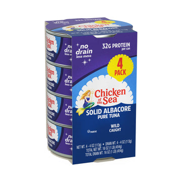 Chicken Of The Sea Solid White Pure Tuna, 4 Oz. Can (Pack Of 4), Wild Caught, No Drain