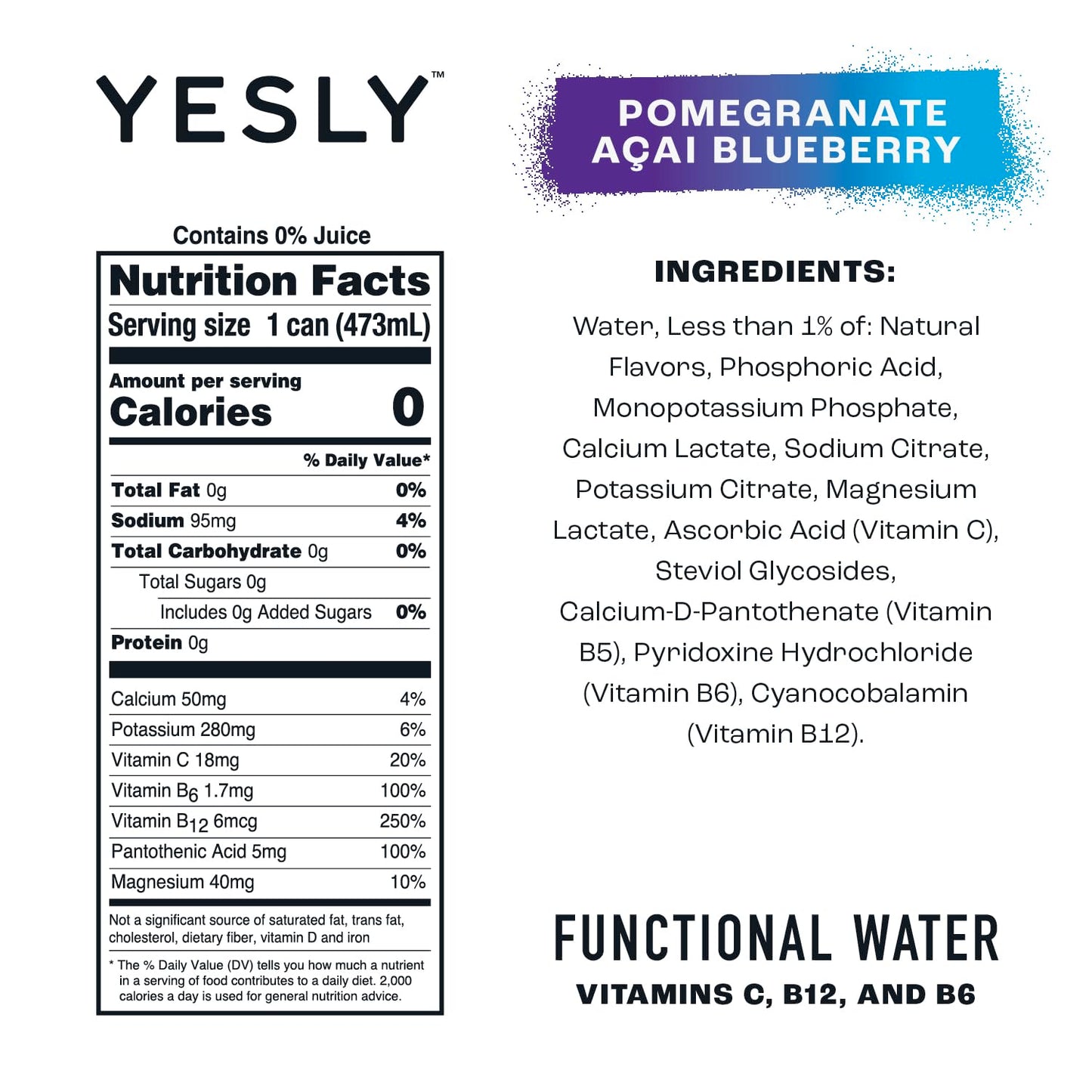 Yesly Hydrating Electrolyte Vitamin Water, 16 Fl Oz - Zero Sugar, Zero Calorie Water With Vitamins C, B12 & B6 And No Artificial