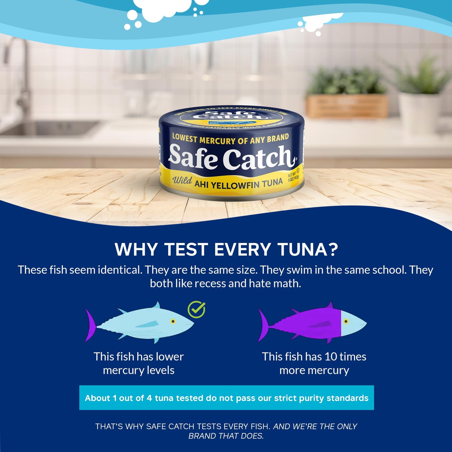 Safe Catch Wild Ahi Yellowfin Tuna Fish Canned, Wild Caught, Lowest Mercury, Lean Protein, Omega 3, Gluten-Free, Kosher, Pack Of