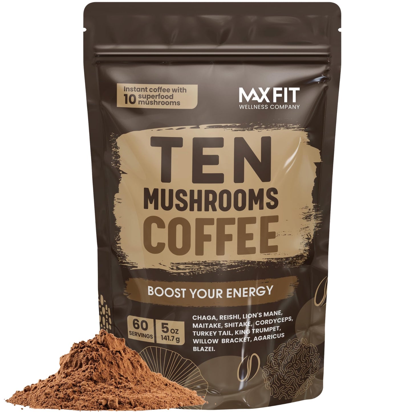 Mushroom Coffee (60 Servings) 10 Mushrooms (Lions Mane, Cordyceps, Turkey Tail & Other) Mixed With Gourmet Arabica Instant Immun